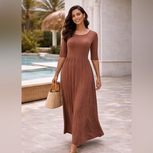 Azules Mocha Brown Maxi Dress | Flowy Casual Elegant 3/4 Sleeve | Size M
